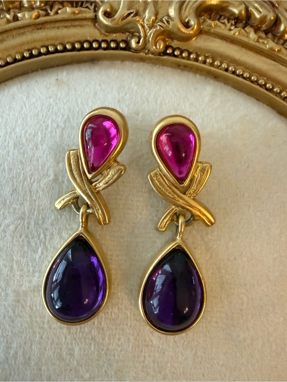 Vintage Pierced Gold Drop Earrings with Pink and Purple Teardrop Stones